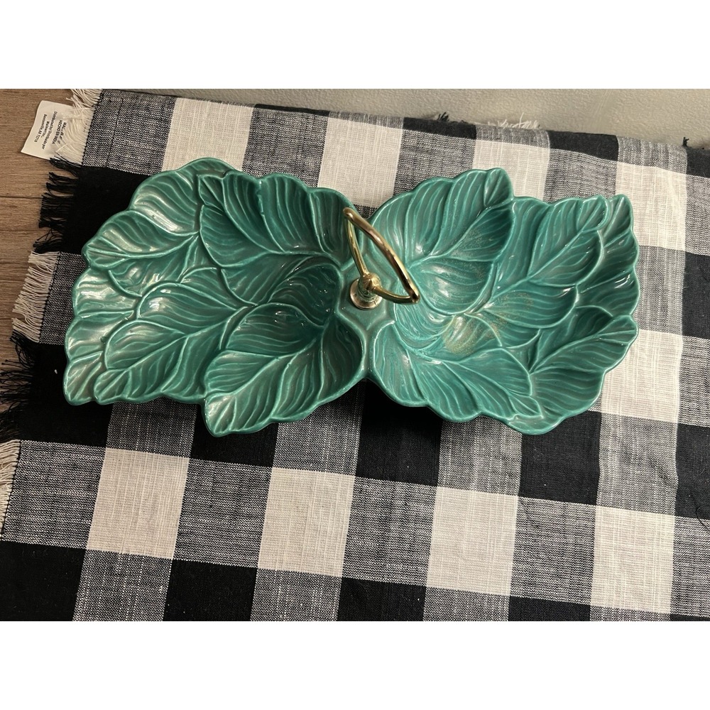 Vintage MCM California Pottery Tidbit Tray Green Leaf Divided Candy Dish